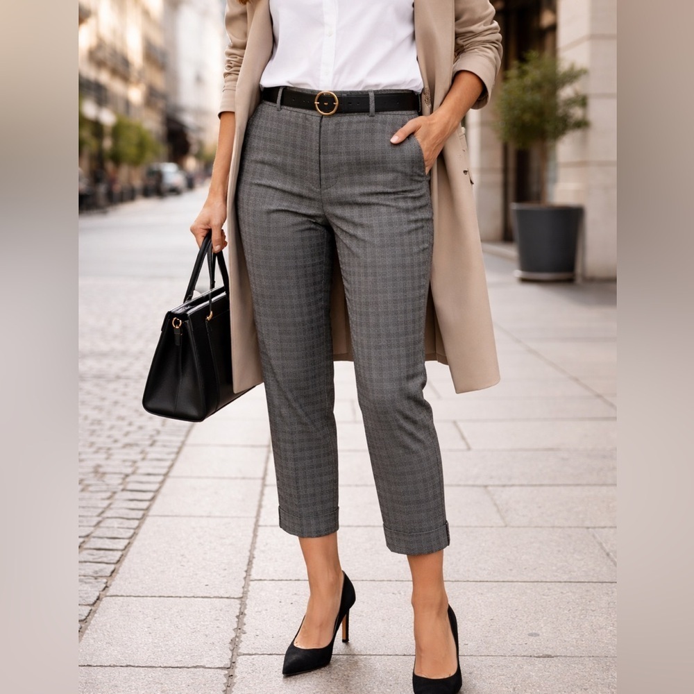 Peserico IT 42 Gray Plaid Virgin Wool Cropped Tailored Pants US 6